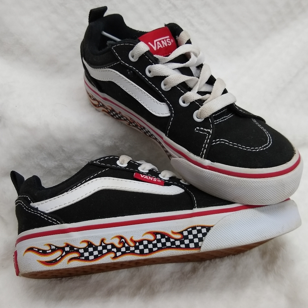 Vans Black and White Skater Sneakers with Flame Checked Sidewall Youth Sz 13 EUC